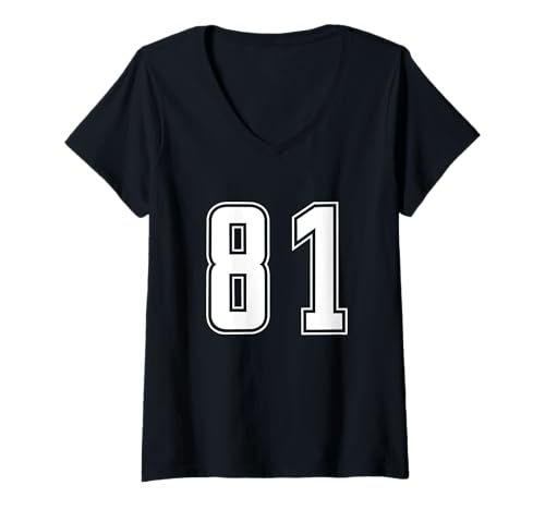 Damen Weiß Nummer 81 Mannschaft Sport Nummerierte Uniform T-Shirt mit V-Ausschnitt von Uniform Numbered Retro Sports DESIGN ON THE FRONT