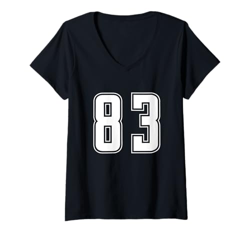 Damen Weiß Nummer 83 Mannschaft Sport Nummerierte Uniform T-Shirt mit V-Ausschnitt von Uniform Numbered Retro Sports DESIGN ON THE FRONT