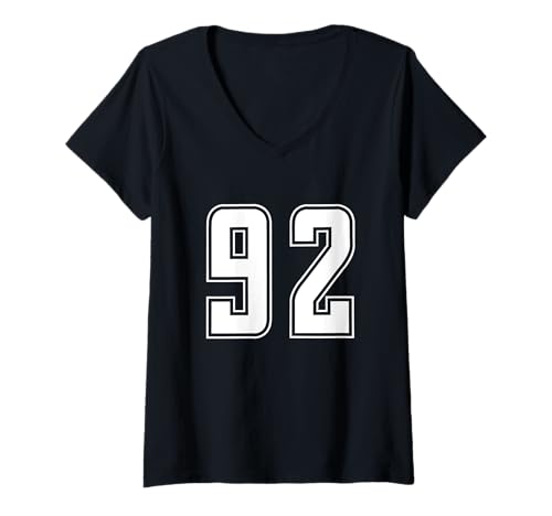 Damen Weiß Nummer 92 Mannschaft Sport Nummerierte Uniform T-Shirt mit V-Ausschnitt von Uniform Numbered Retro Sports DESIGN ON THE FRONT
