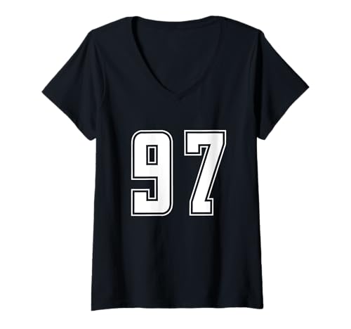 Damen Weiß Nummer 97 Mannschaft Sport Nummerierte Uniform T-Shirt mit V-Ausschnitt von Uniform Numbered Retro Sports DESIGN ON THE FRONT