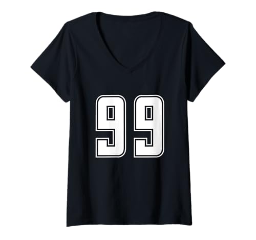 Damen Weiß Nummer 99 Mannschaft Sport Nummerierte Uniform T-Shirt mit V-Ausschnitt von Uniform Numbered Retro Sports DESIGN ON THE FRONT