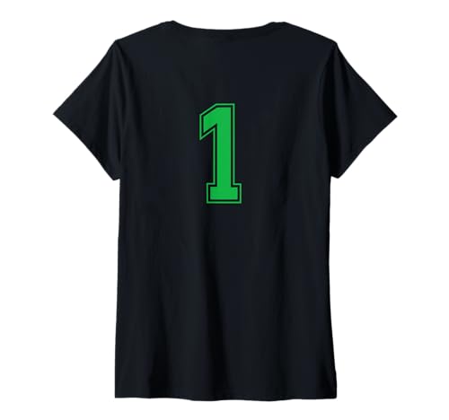 Damen Grün 1 Nummer Mannschaft Sport Nummerierte Uniform T-Shirt mit V-Ausschnitt von Uniform Numbered Sports DESIGN AUF DER RÜCKSEITE