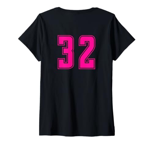 Damen Pink Nummer 32 Team Junior Sports Pink Nummerierte Uniform T-Shirt mit V-Ausschnitt von Uniform Numbered Sports DESIGN AUF DER RÜCKSEITE