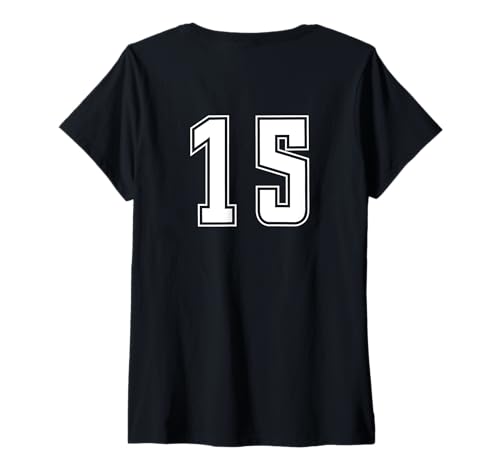 Damen Weiß Nummer 15 Team Junior Sports Weiß Nummerierte Uniform T-Shirt mit V-Ausschnitt von Uniform Numbered Sports DESIGN AUF DER RÜCKSEITE
