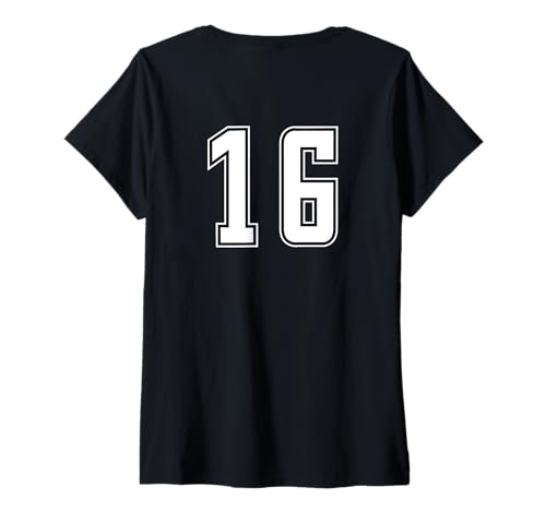 Damen Weiß Nummer 16 Team Junior Sports Weiß Nummerierte Uniform T-Shirt mit V-Ausschnitt von Uniform Numbered Sports DESIGN AUF DER RÜCKSEITE