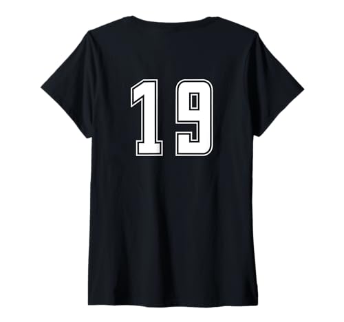 Damen Weiß Nummer 19 Team Junior Sports Weiß Nummerierte Uniform T-Shirt mit V-Ausschnitt von Uniform Numbered Sports DESIGN AUF DER RÜCKSEITE