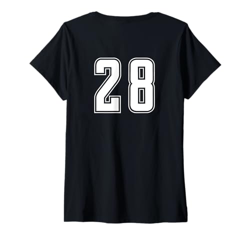 Damen Weiß Nummer 28 Team Junior Sports Weiß Nummerierte Uniform T-Shirt mit V-Ausschnitt von Uniform Numbered Sports DESIGN AUF DER RÜCKSEITE