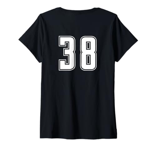 Damen Weiß Nummer 38 Team Junior Sports Weiß Nummerierte Uniform T-Shirt mit V-Ausschnitt von Uniform Numbered Sports DESIGN AUF DER RÜCKSEITE