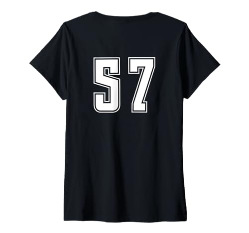 Damen Weiß Nummer 57 Team Junior Sports Weiß Nummerierte Uniform T-Shirt mit V-Ausschnitt von Uniform Numbered Sports DESIGN AUF DER RÜCKSEITE