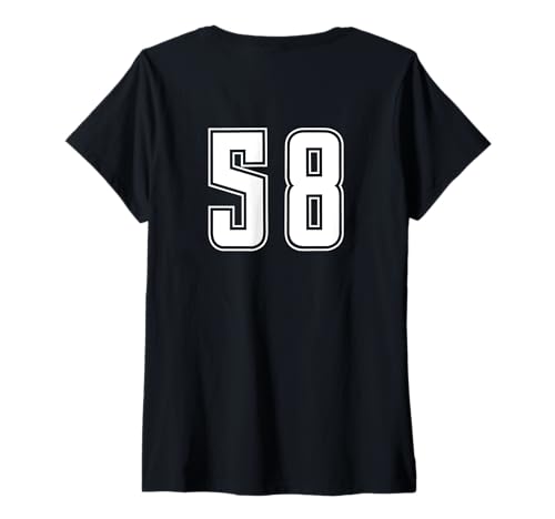 Damen Weiß Nummer 58 Team Junior Sports Weiß Nummerierte Uniform T-Shirt mit V-Ausschnitt von Uniform Numbered Sports DESIGN AUF DER RÜCKSEITE