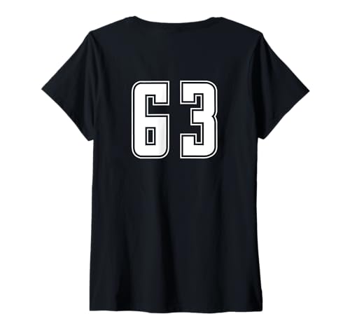 Damen Weiß Nummer 63 Team Junior Sports Weiß Nummerierte Uniform T-Shirt mit V-Ausschnitt von Uniform Numbered Sports DESIGN AUF DER RÜCKSEITE