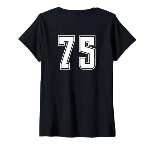 Damen Weiß Nummer 75 Team Junior Sports Weiß Nummerierte Uniform T-Shirt mit V-Ausschnitt von Uniform Numbered Sports DESIGN AUF DER RÜCKSEITE