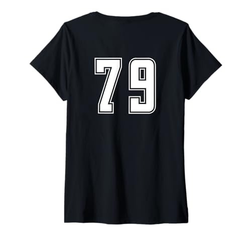 Damen Weiß Nummer 79 Team Junior Sports Weiß Nummerierte Uniform T-Shirt mit V-Ausschnitt von Uniform Numbered Sports DESIGN AUF DER RÜCKSEITE