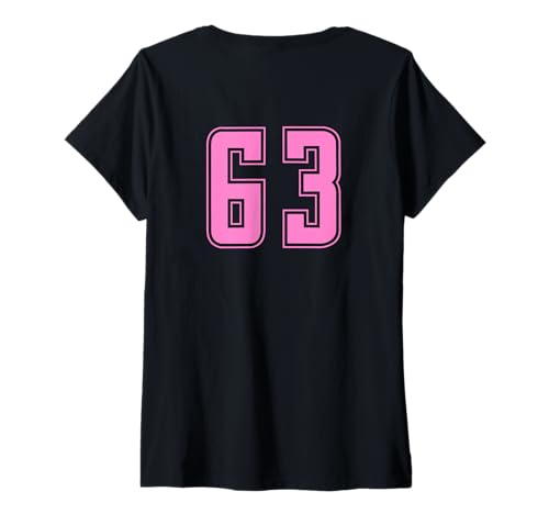 Damen Rosa Pink Nummer 63 Mannschaft Sport Nummerierte Uniform T-Shirt mit V-Ausschnitt Damen Rosa Pink Nummer 63 Mannschaft Sport Nummerierte Uniform T-Shirt mit V-Ausschnitt von Uniform Pink Number DESIGN AUF DER RÜCKSEITE