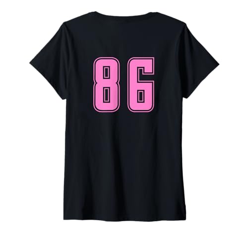 Damen Rosa Pink Nummer 86 Mannschaft Sport Nummerierte Uniform T-Shirt mit V-Ausschnitt Damen Rosa Pink Nummer 86 Mannschaft Sport Nummerierte Uniform T-Shirt mit V-Ausschnitt von Uniform Pink Number DESIGN AUF DER RÜCKSEITE