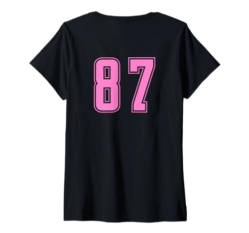 Damen Rosa Pink Nummer 87 Mannschaft Sport Nummerierte Uniform T-Shirt mit V-Ausschnitt Damen Rosa Pink Nummer 87 Mannschaft Sport Nummerierte Uniform T-Shirt mit V-Ausschnitt von Uniform Pink Number DESIGN AUF DER RÜCKSEITE