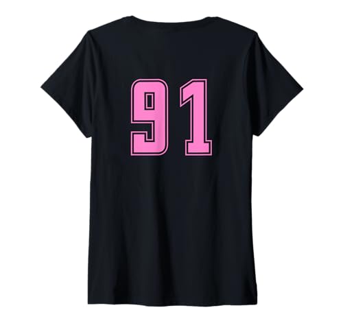 Damen Rosa Pink Nummer 91 Mannschaft Sport Nummerierte Uniform T-Shirt mit V-Ausschnitt von Uniform Pink Number DESIGN AUF DER RÜCKSEITE