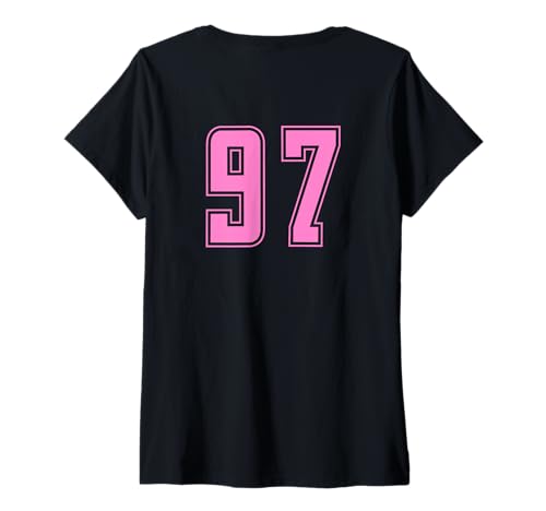 Damen Rosa Pink Nummer 97 Mannschaft Sport Nummerierte Uniform T-Shirt mit V-Ausschnitt Damen Rosa Pink Nummer 97 Mannschaft Sport Nummerierte Uniform T-Shirt mit V-Ausschnitt von Uniform Pink Number DESIGN AUF DER RÜCKSEITE