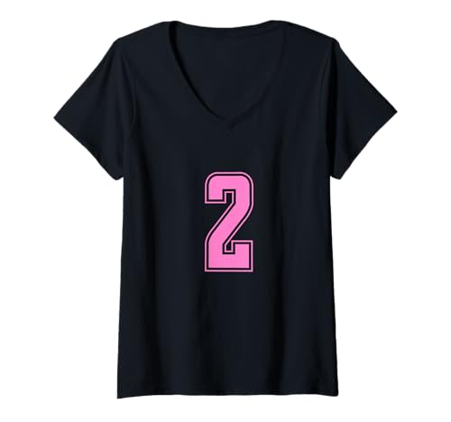 Damen Rosa Nummer 2 Team Junior Sports Rosa Nummerierte Uniform T-Shirt mit V-Ausschnitt von Uniform Pink Number Sports DESIGN ON THE FRONT