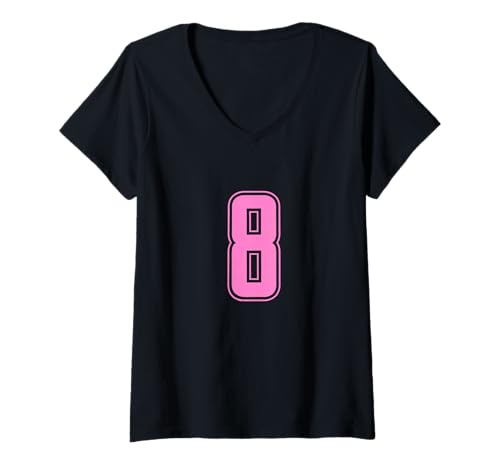 Damen Rosa Nummer 8 Team Junior Sports Rosa Nummerierte Uniform T-Shirt mit V-Ausschnitt von Uniform Pink Number Sports DESIGN ON THE FRONT