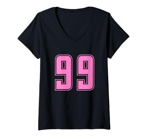 Damen Rosa Nummer 99 Team Junior Sports Rosa Nummerierte Uniform T-Shirt mit V-Ausschnitt von Uniform Pink Number Sports DESIGN ON THE FRONT