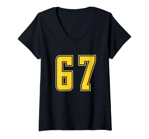 Damen Gelb Nummer 67 Mannschaft Sport Nummerierte Uniform T-Shirt mit V-Ausschnitt Damen Gelb Nummer 67 Mannschaft Sport Nummerierte Uniform T-Shirt mit V-Ausschnitt von Uniform Yellow Number Sports DESIGN ON THE FRONT