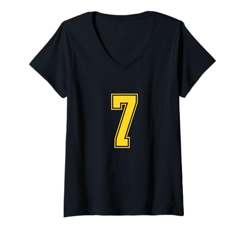 Damen Gelb Nummer 7 Mannschaft Sport Nummerierte Uniform T-Shirt mit V-Ausschnitt Damen Gelb Nummer 7 Mannschaft Sport Nummerierte Uniform T-Shirt mit V-Ausschnitt von Uniform Yellow Number Sports DESIGN ON THE FRONT
