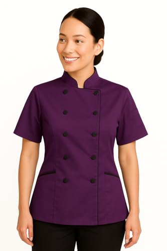 Uniformates Kurze Ärmel Damen Damen Tailored Fit Kochmantel Jacken (Dunkelviolett, L) von Uniformates