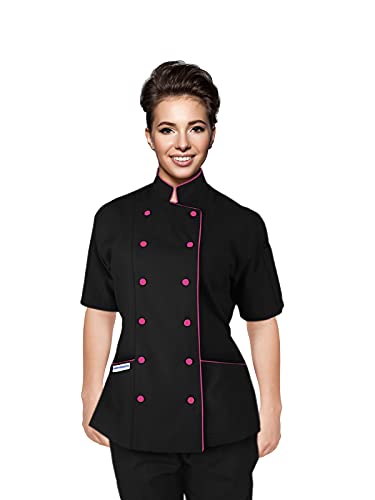 Uniformates Kurze Ärmel Damen Damen Tailored Fit Kochmantel Jacken (Schwarz/Rosa Besatz, L) von Uniformates