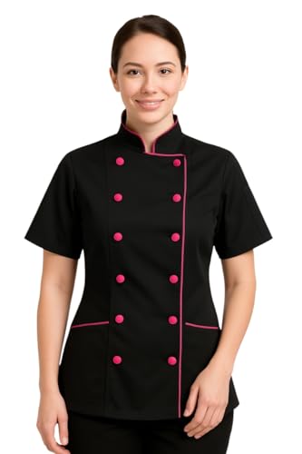 Uniformates Kurze Ärmel Damen Damen Tailored Fit Kochmantel Jacken (Schwarz/Rosa Besatz, L) von Uniformates