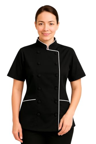 Uniformates Kurze Ärmel Damen Damen Tailored Fit Kochmantel Jacken (Schwarz/Weiß-Besatz, XS) von Uniformates