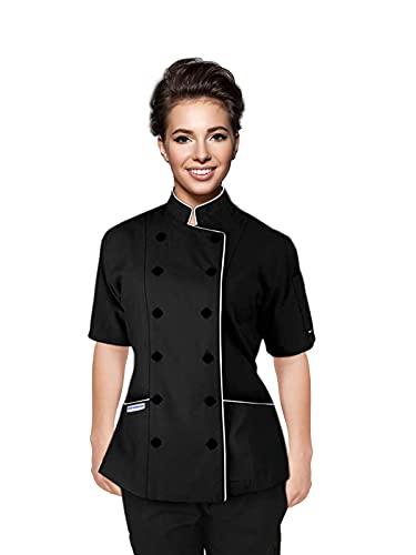 Uniformates Kurze Ärmel Damen Damen Tailored Fit Kochmantel Jacken (Schwarz/Weiß-Besatz, XXL) von Uniformates