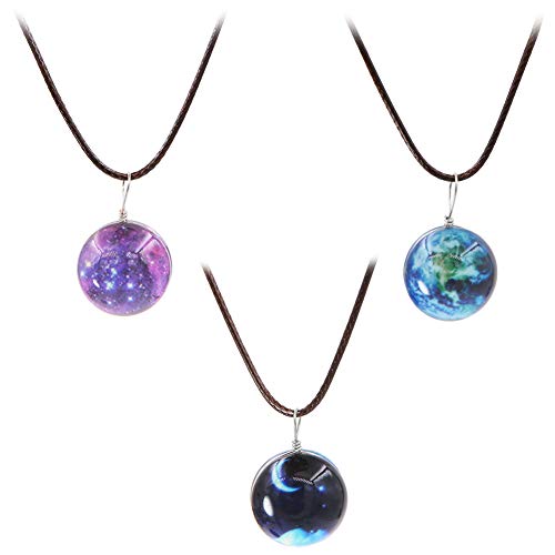 Set mit 3 leuchtenden Erd-, Mond-, Stern-, Nacht-, runden Glaskugel-Anhängern, Halskette für Mädchen und Frauen, Geschenk, Glas von Unigift