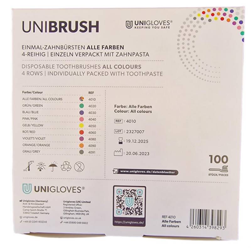 Unigloves® Zahnbürste Unibrush Einmalzahnbürsten mit Zahnpasta bunt gemischt 100 Stück von Unigloves®