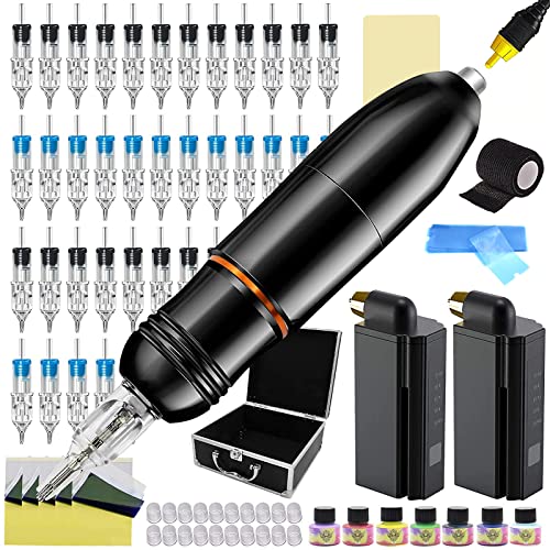 Unihuby Pen Maschinen Set Wireless - 2 Kabellose Power 40pcs Nadeln Rotary Maschine Set Komplett mit Übungshaut Ink Transferpapier Grip Tape Wireless Maschine Set von Unihuby