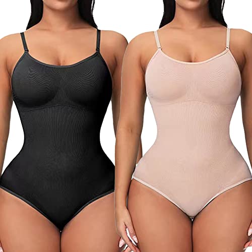UniikStuff 2er-Pack Body für Damen – nahtlose Bauchkontrolle Shapewear Tanga ärmellos Frauen Body Shaper, (Schwarz + Beige) Slip, XXX-Large von UniikStuff