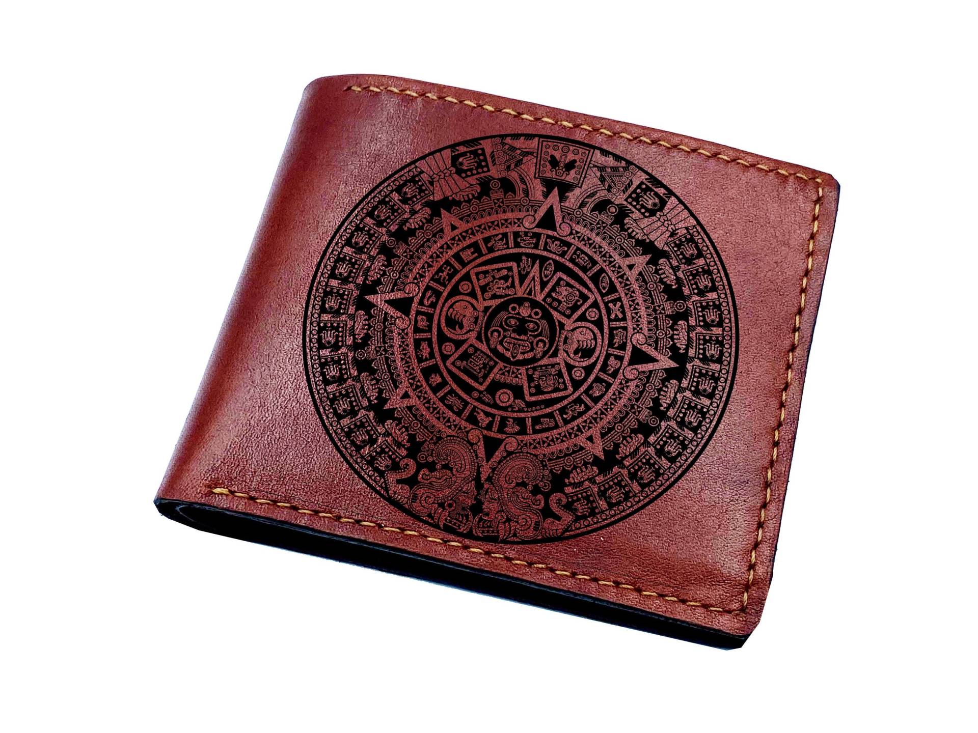 Personalisierte Leder Herren Geldbörse, Kalender Alte Muster Maya Inka Azteken Kunst Geschenk, Brieftasche Für Papa, Kreis Symbol von Unik4art