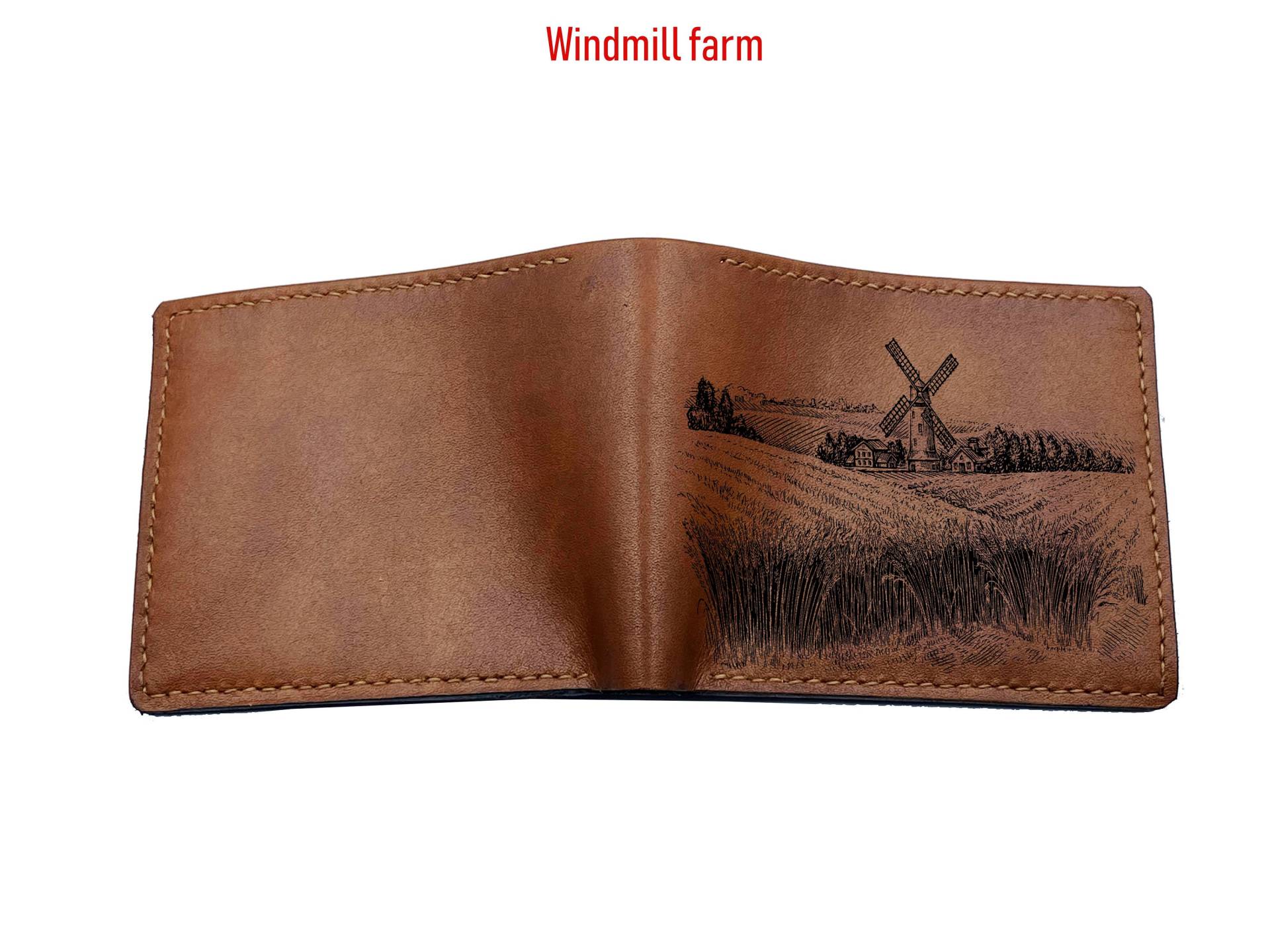 Personalisierte Windmühle Skizze Leder Männer Brieftasche, Landschaft Graviert Geschenk, Freund Papa Jubiläum Geburtstagsgeschenk von Unik4art