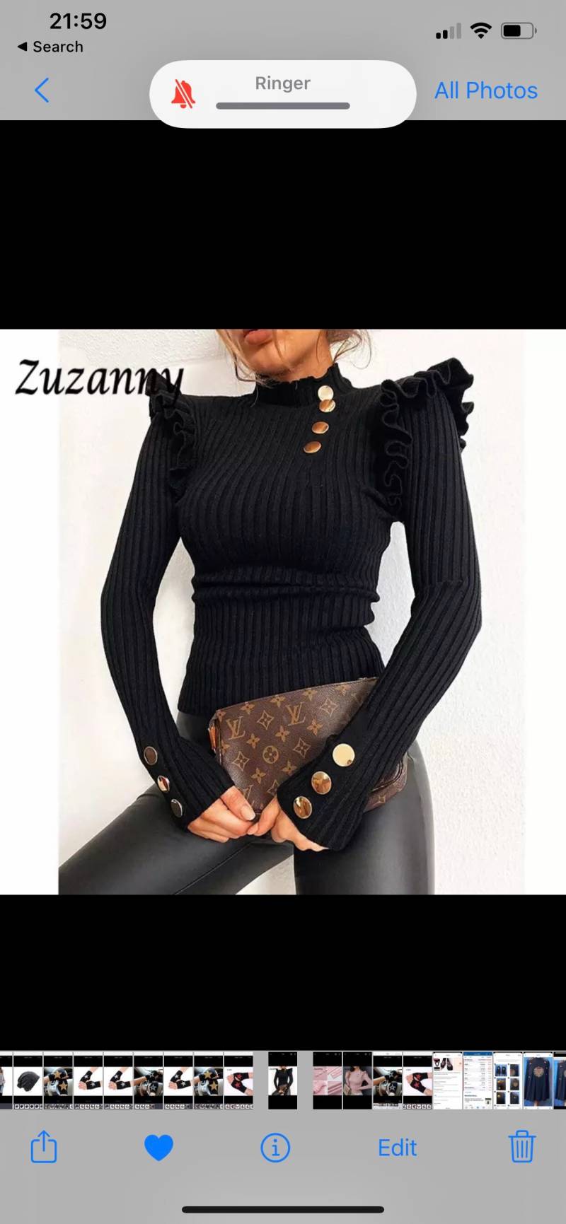 Schwarze Ruffe Power-Schulter Schmale Schwarze Rollkragenpullover Mit Metall-Bild Ut Ton. Größe Groß. Passt Bei Größe 60 Bis 10 von UnikByCamilla