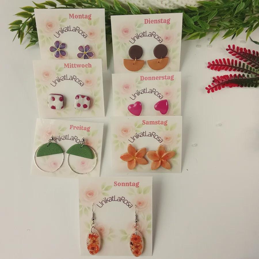 Funky Earring Set - Fun For Every Day Of The Week Polymer Clay & Uv Resin Great Gift Idea von UnikatLaRosa