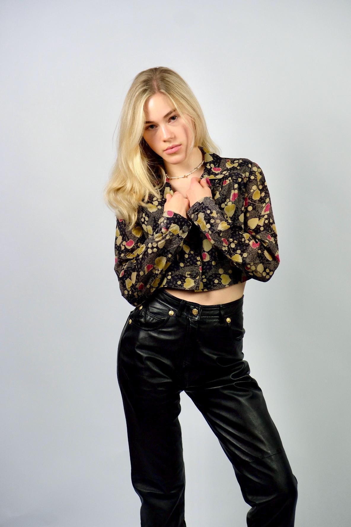 Vintage 70S Upcycling Crop Blätter Print Bluse - Xs von UnikatVintageDE