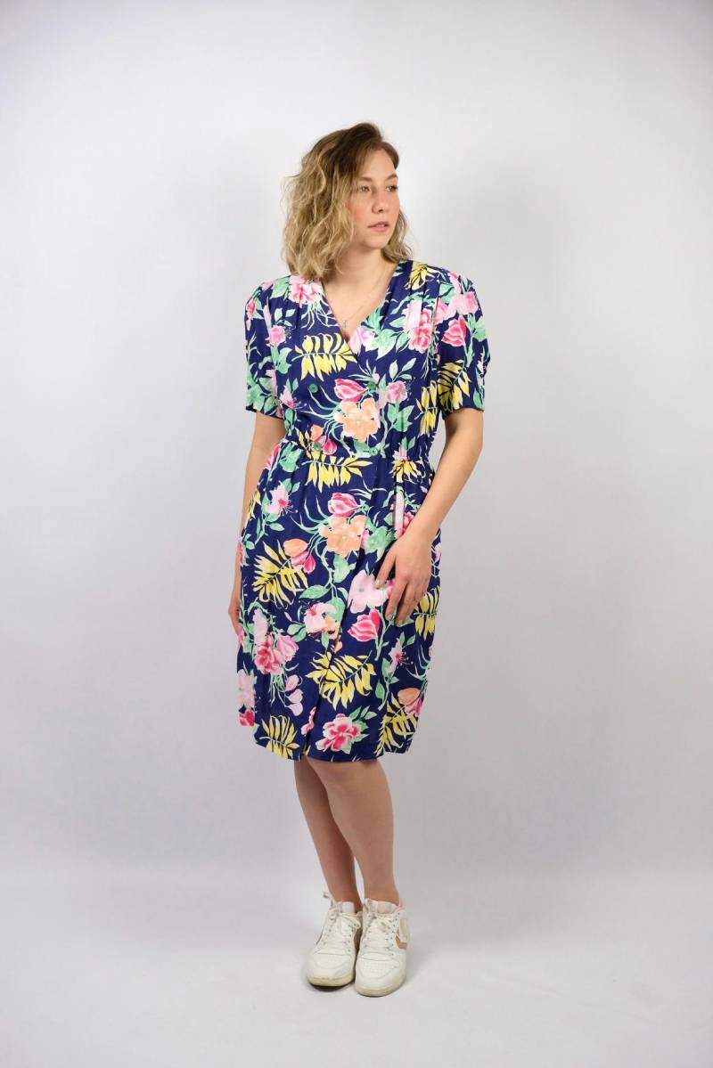 Vintage 80S/90S Blumen Print Viskose Kleid - L von UnikatVintageDE
