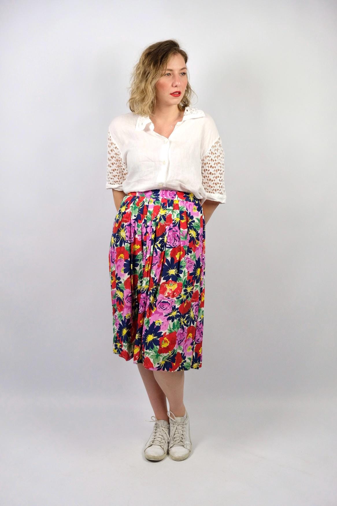 Vintage 80S/90S High Waist Blumen Print Viskose Rock - L von UnikatVintageDE