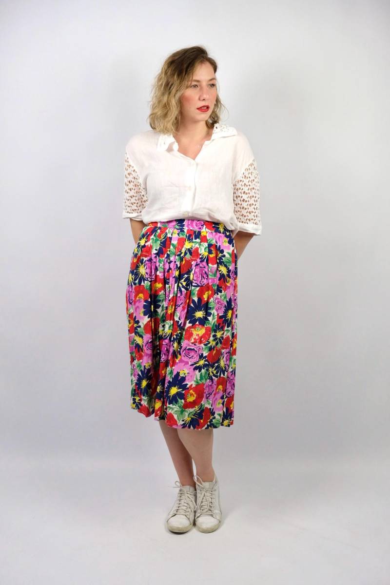 Vintage 80S/90S High Waist Blumen Print Viskose Rock - L von UnikatVintageDE