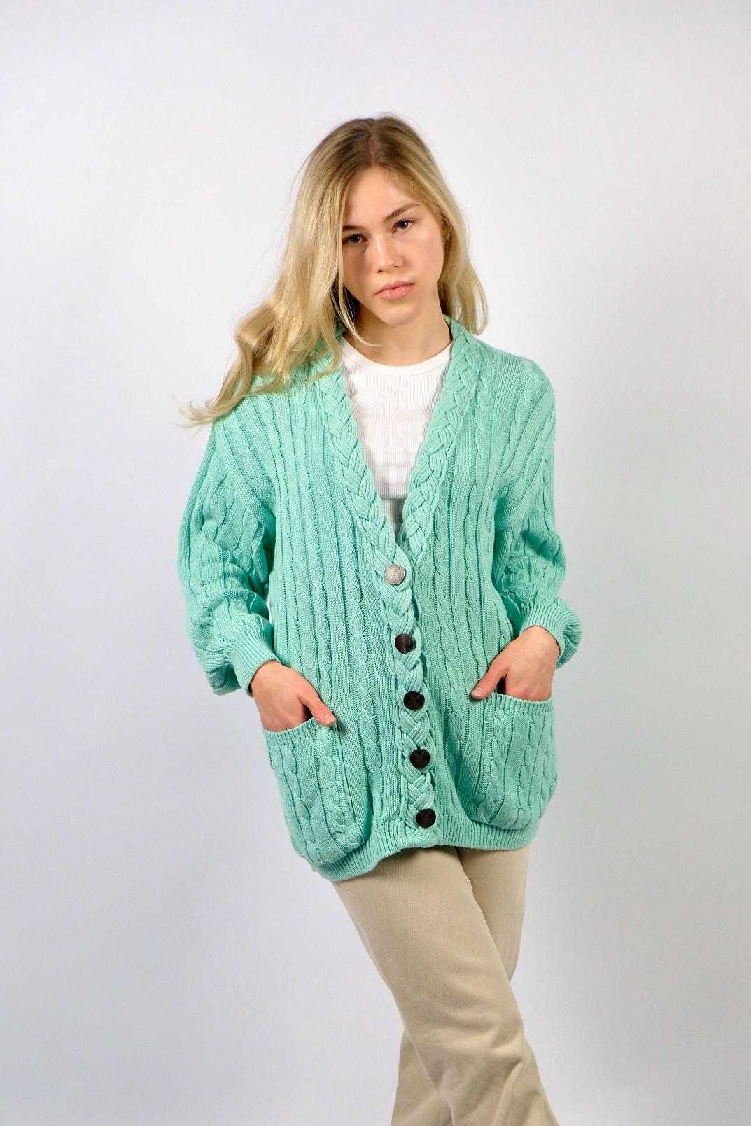 Vintage 80S Baumwolle Mix Zopfstrick Cardigan Türkis - M von UnikatVintageDE