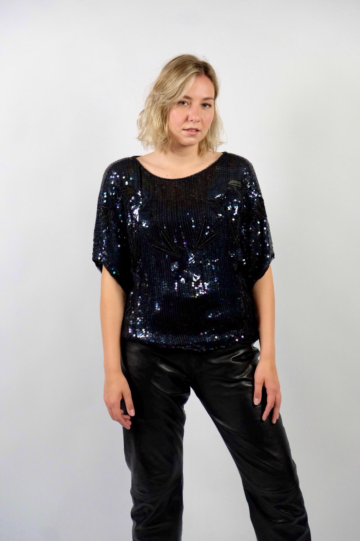 Vintage 80S Blumen Pailletten Shirt Transparent - L/xl von UnikatVintageDE