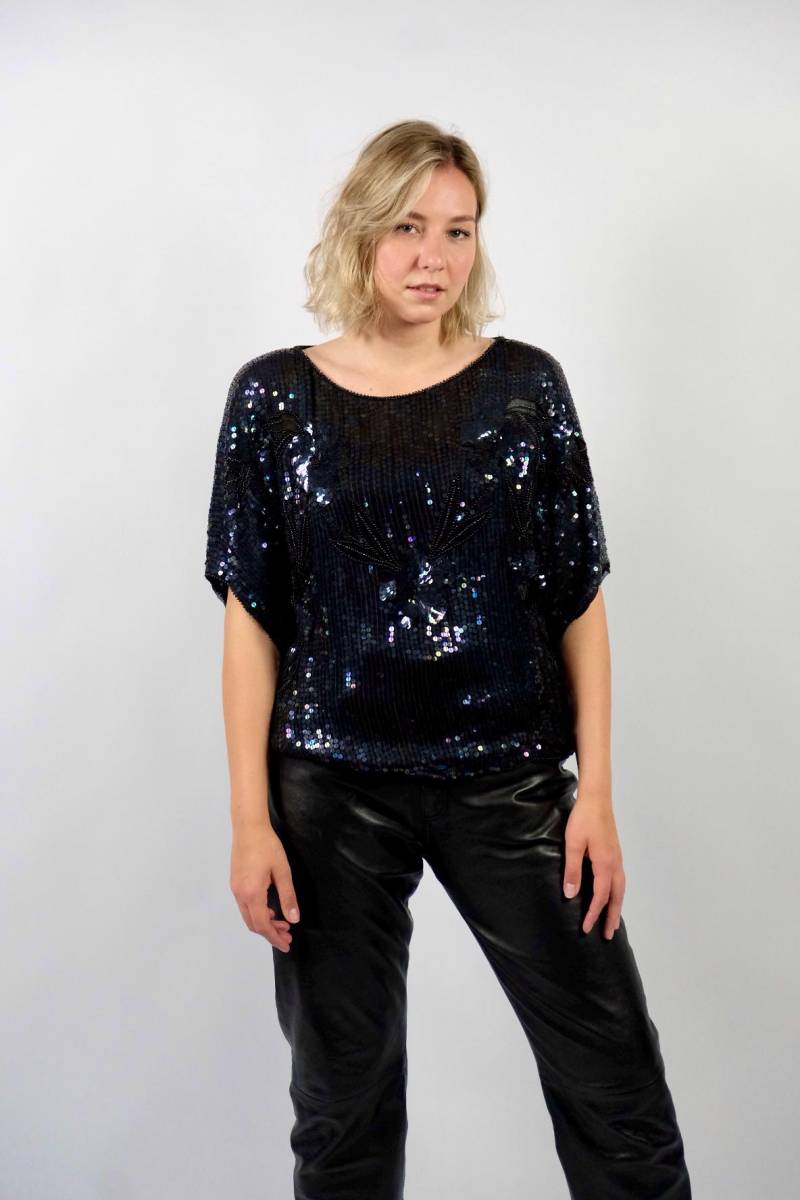 Vintage 80S Blumen Pailletten Shirt Transparent - L/xl von UnikatVintageDE