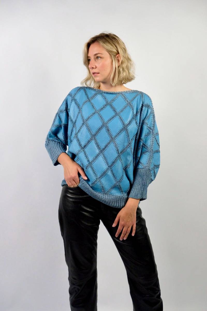 Vintage 80S Leder Patchwork Fledermaus Häkelpullover - L von UnikatVintageDE