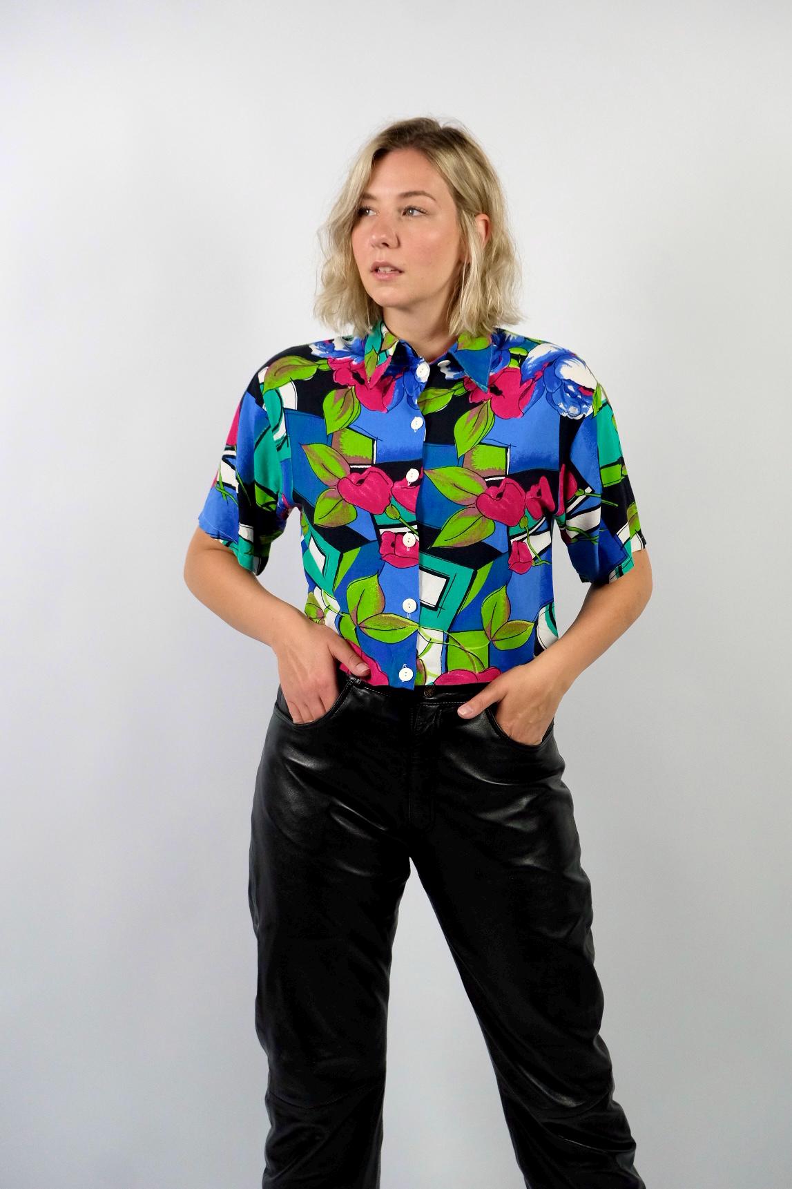 Vintage 80S Upcycling Crop Crazy Pattern Viskose Bluse - M von UnikatVintageDE