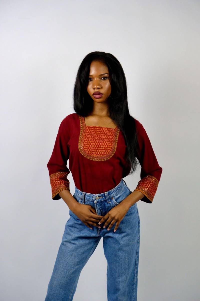 Vintage 90S Boho Pailletten Stickerei Baumwollbluse - S von UnikatVintageDE